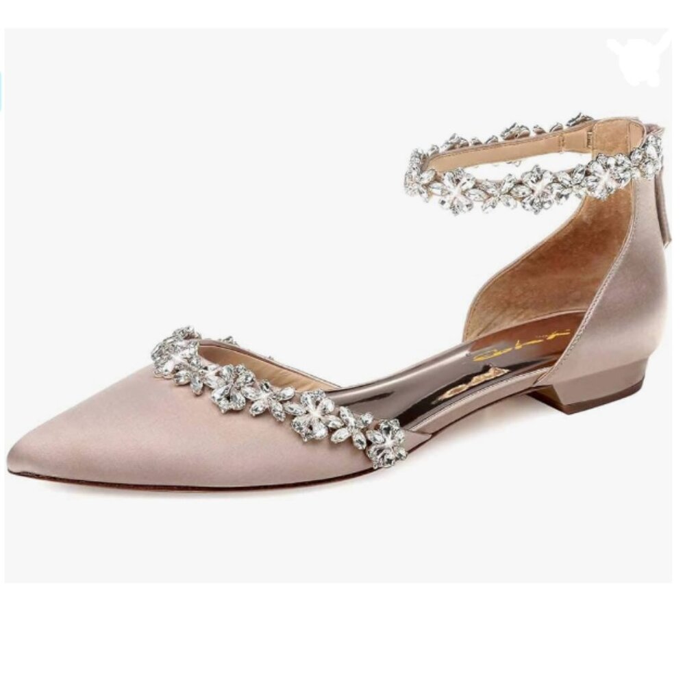 XYD Nude Pointed Toe D'Orsay Wedding Sparkly Rhinestones Ankle Strap Sandals